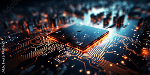 3d illustration of electronic circuit with processor and microchips closeup, Closeup of Processor Chip on Printed Circuit Board