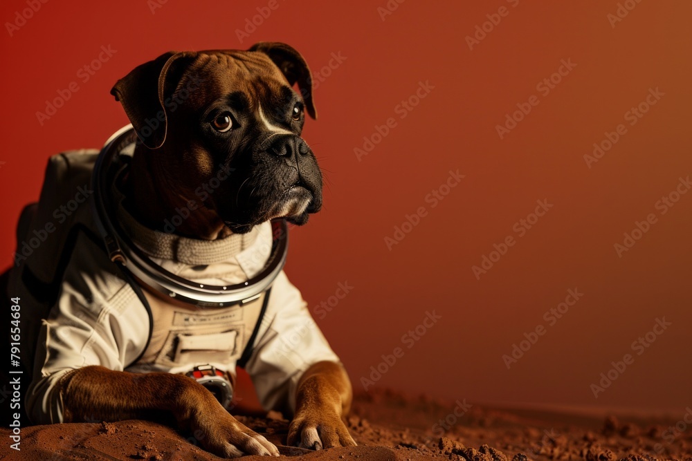 Boxer dog on Mars in spacesuit