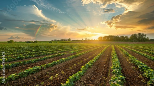 A tranquil agricultural scene at sunset featuring a vibrant rainbow over the farmlands, capturing the beauty of nature and its phenomena