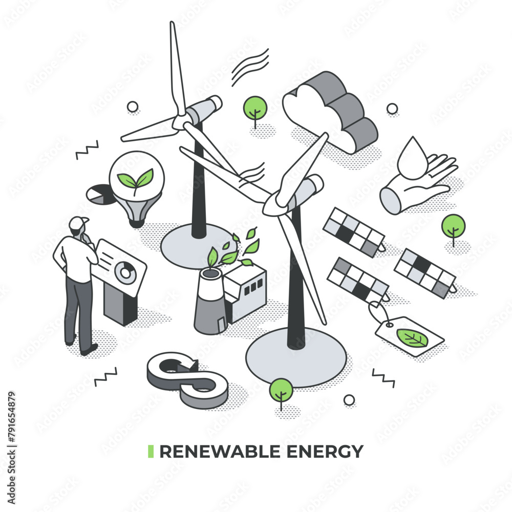 Fototapeta premium Renewable energy isometric illustration. Depicts technologies that harness energy sources like solar, wind, hydroelectric to reduce dependence of fossil fuel. Green technology concept