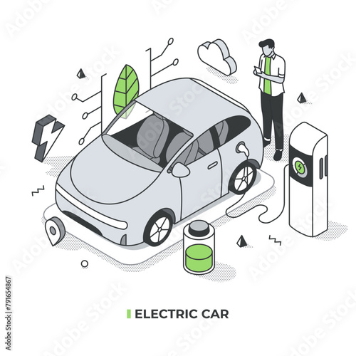 An electric car is shown charging at a power station, representing the concept of reducing emissions from transportation to combat air pollution. Green technology concept in an isometric style © Rassco