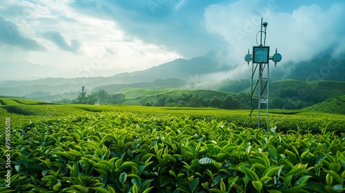 A weather station amidst a green tea field illustrates 5G technology combined with smart farming concepts