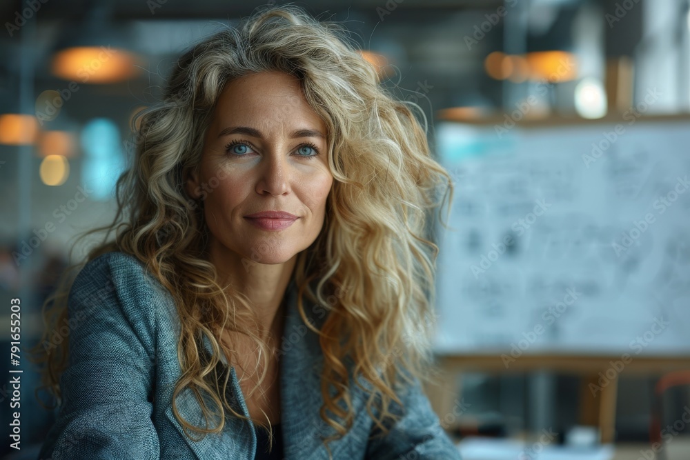 A mature businesswoman with curls and piercing blue eyes offering a confident, knowledgeable expression A mature businesswoman with curls and piercing blue eyes offering a confident, knowledgeable expression