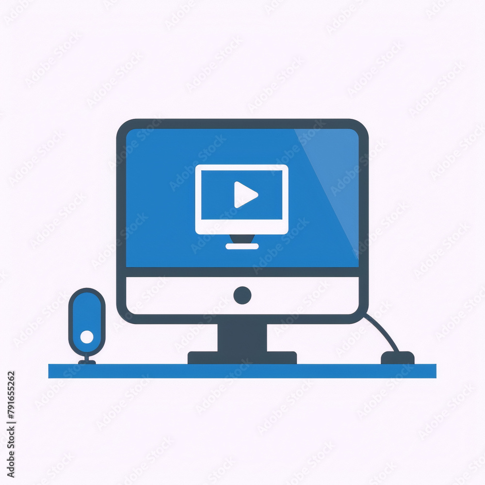 Blue and white computer and microphone on desk, simple, flat design, isolated, vector illustration. Blue and white computer and microphone on desk, simple, flat design, isolated, vector illustration.