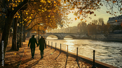 A couple walking by the Seine river 