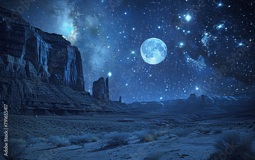 Desert landscape with blue moon and stars in dark blue sky in American Southwest