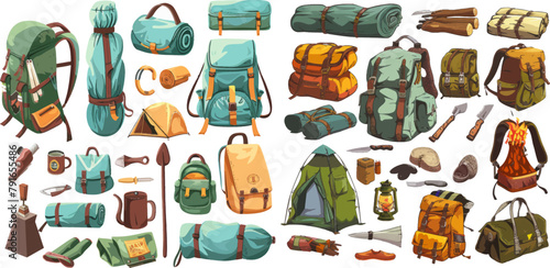 Hiking gear adventure trip rucksack tent camp object tourism summer vacation set neat vector