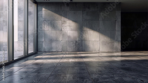 Minimalist interior space with concrete walls and tiled floor, illuminated by sunlight shining through large windows.