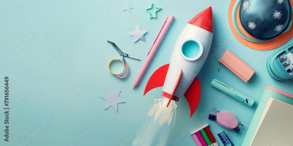 Explore learning equipment with a rocket attached, symbolizing innovation and exploration in education. AI generative enhancements elevate the concept.