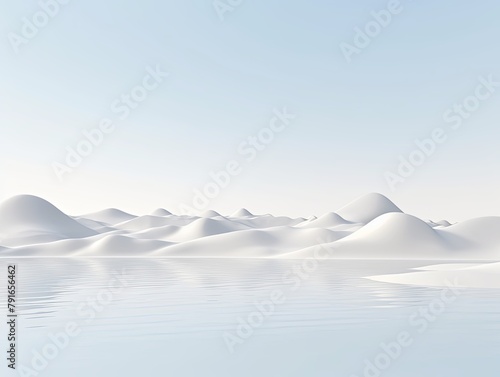 3d render, cartoon illustration of white hills with water in the background, simple minimalistic style, low detail copy space for photo text or product, blank © Lenhard