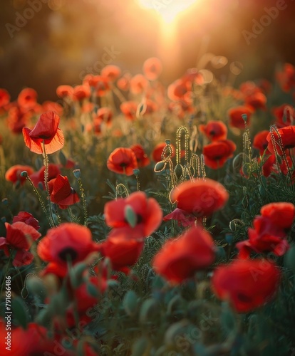 Beautiful sunset, sun beams, and red poppies in the field.