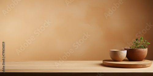 Abstract background with a dark beige wall and wooden table top for product presentation, wood floor, minimal concept, low key studio shot