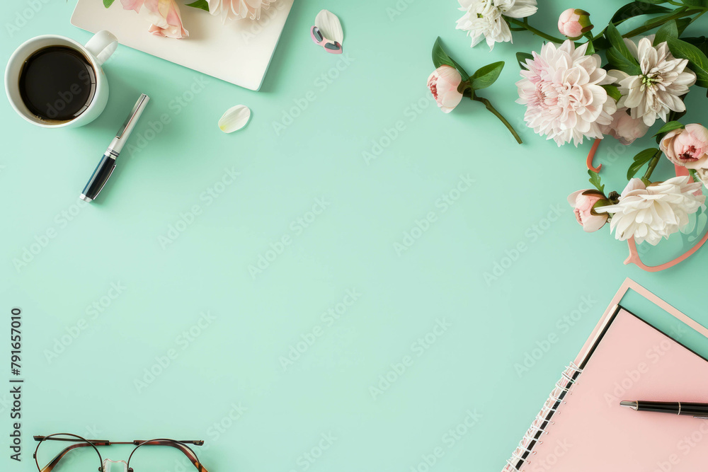Behold the meticulously arranged workspace from a top view, showcasing notepad, office supplies, and flowers on a light background. AI generative elevates creativity. - obrazy, fototapety, plakaty 