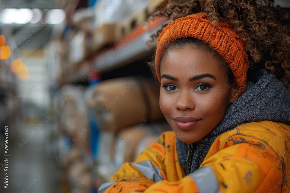 A young curly-haired woman wearing an orange hat and winter jacket relaxing in a warehouse setting