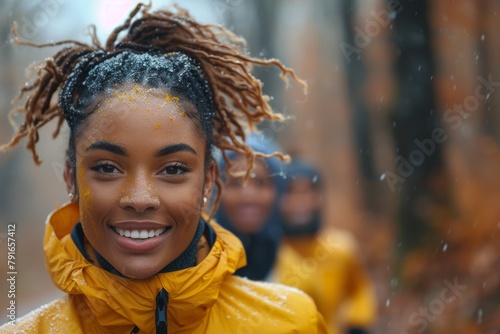 A woman in a yellow jacket smiles brightly, with snowflakes in her hair, experiencing the beauty of winter