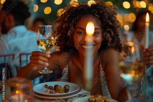 The image captures a joyful woman holding a glass of wine  enjoying a candlelit dinner  with a warm ambiance