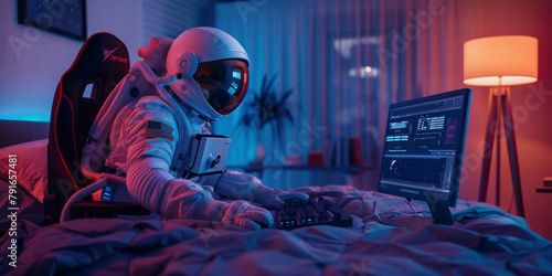 Witness the intersection of space and technology as an astronaut operates a computer in his bedroom. AI generative enhancements amplify the cosmic experience. photo