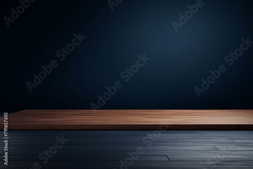 Abstract background with a dark blue wall and wooden table top for product presentation, wood floor, minimal concept, low key studio shot