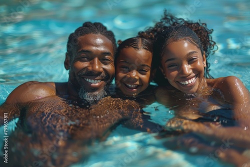 A cheerful family of three shares a playful and affectionate moment together in a sunlit pool photo