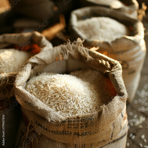 Embark on a culinary journey with raw rice grains in a sack. AI generative technology elevates the agricultural ambiance.