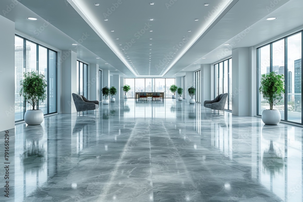 An expansive, well-lit office lobby featuring sleek furniture, panoramic cityscapes through floor-to-ceiling windows, and polished floors