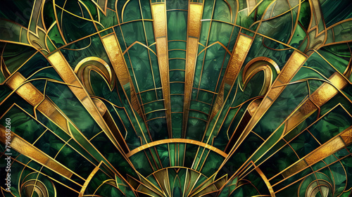 Art deco stained glass window green gold symmetrical