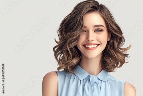 portrait of happy woman in blue blouse, medium hair with brown and blonde highlights color