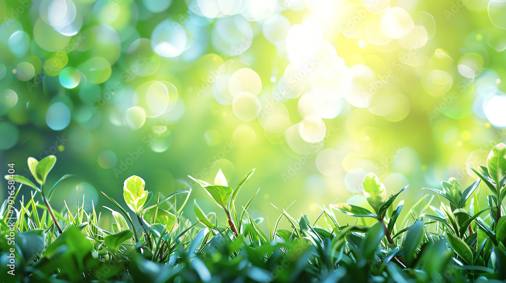 A fresh spring sunny garden background of green grass
