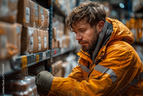 Image depicts a focused warehouse worker in high-visibility clothing amidst parcels, face excluded photo