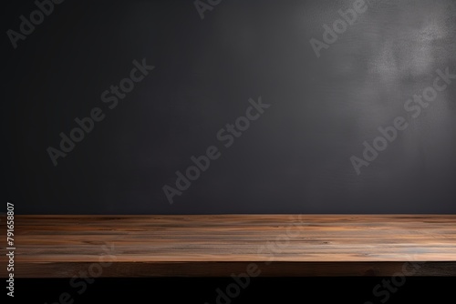 Abstract background with a dark gray wall and wooden table top for product presentation, wood floor, minimal concept, low key studio shot