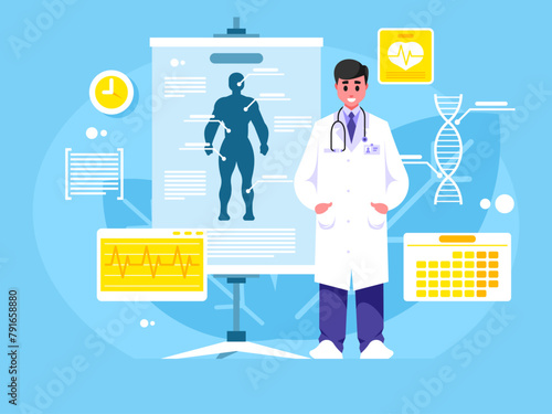 Doctor showing presentation. Medical specialist in a white coat stands with a stethoscope. Flip chart with human body. Healthcare concept background. Vector graphics