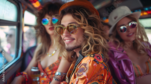 hippie rock band with groupies on a 1970s tour bus, featuring androgynous singer