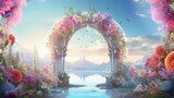 A beautiful digital painting of a garden with a large flower archway. The archway is made of white marble and is covered in colorful flowers.