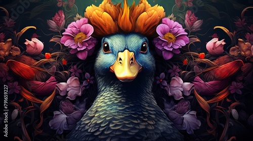 A beautiful painting of a duck with a flower crown. photo