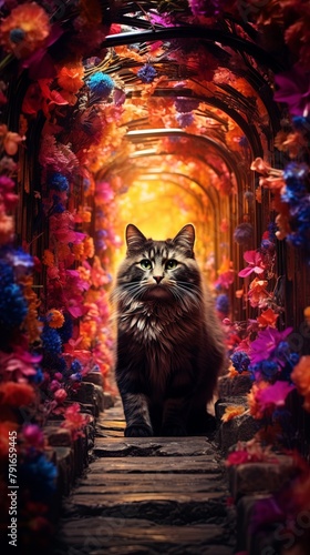 A cute cat is walking through a colorful flower garden.