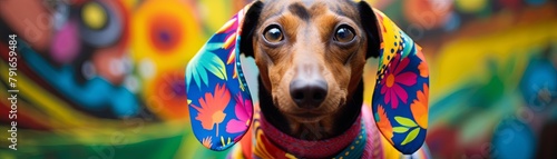 A dachshund dog wearing a colorful scarf with floral pattern, in front of a blurred background of bright colors. photo