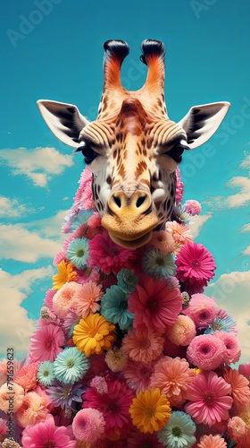 A giraffe with a mane made of flowers. photo