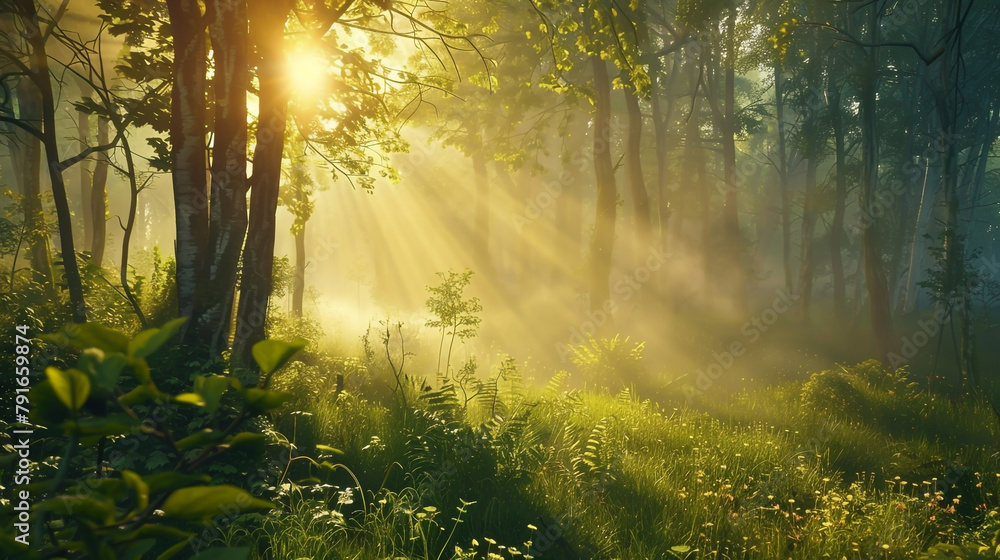 Obraz premium A serene forest glade at dawn, sunlight filtering through misty trees.