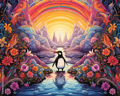 A penguin wearing a rainbow-striped top hat and monocle standing in a surreal landscape with a river, mountains, and flowers.