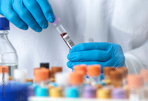 Scientist holding a blood sample in a lab photo