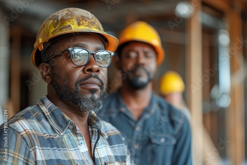 A seasoned construction worker wearing a yellow hard hat, protective glasses, and dirty workwear looks pensively at the camera