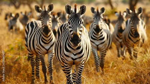 Herd of Majestic Zebras Grazing on a Golden Prairie  Moving Slowly as They Blend Seamlessly with the Fading Light of Dusk.     