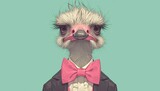 ostrich wearing black tuxedo and pink bow tie, solid pastel green background, funny