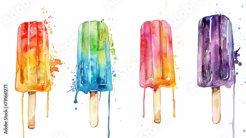 various ice cream pops in Watercolor illustration isolated on white background. Summer clipart of ice cream. photo