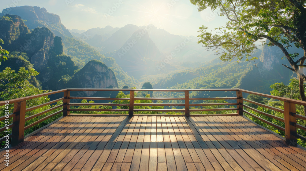 Fototapeta premium Wooden balcony in mountains, observing point of the natural beautiful view