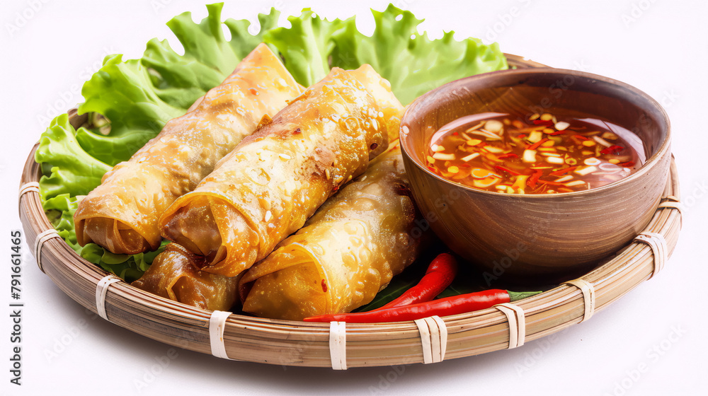Deep-fried spring rolls with vegetables and sweet and sour sauce on a white background, still life photography, food art, close-up. Deep-fried spring rolls with vegetables and sweet and sour sauce on a white background, still life photography, food art, close-up.