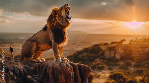 Lion sitting on rock at sunset in the savanna, with a majestic expression, in warm colors, digital art, animal, wildlife, realism, photo