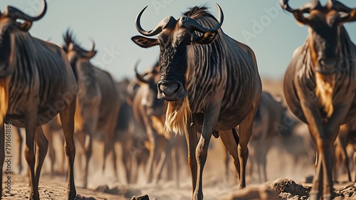 Herd of Wildebeests Migrating Across the Serengeti Plains, Kicking Up Dust as They Move in Search of Fresh Grazing Grounds





 photo