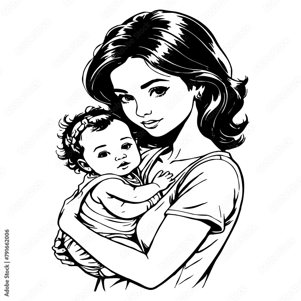 Black and white illustration. Mother's Day card design. Fictional characters. Generated by Ai
