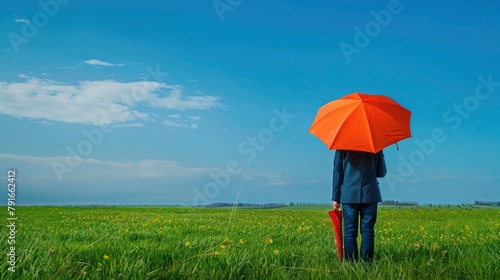 A man in jeans and a suit jacket holding an orange umbrella stands on the green grass